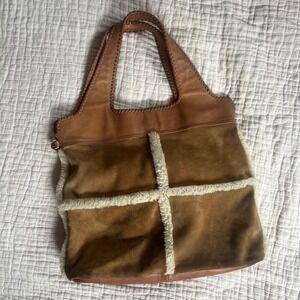UGG Australia Quinn Suede Sherpa Lamb Fur Real Leather Tote Brown MSRP$365